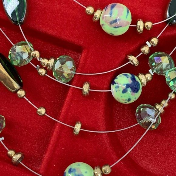 Women’s Lot Glass Bead Necklace Earring Set Green 0350 Layered Tiered 20" - Picture 6 of 11